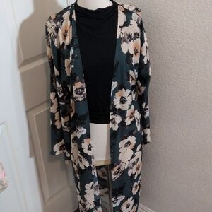 ✅Pink blush Kimono Robe  Open Front Green Floral Print Duster Medium/Large